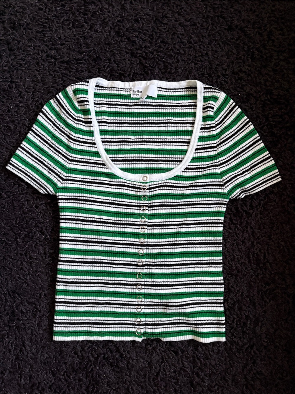 Revolve by the way Green White and Black Striped Ribbed Button-Up Scoop Crop Top